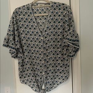 Max Studio Floral Pattern Blouse - Blue and White with knotted waist